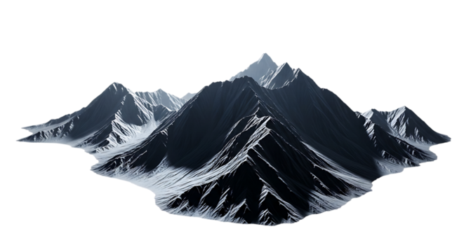 Jagged snow covered mountain range with sharp peaks and deep valleys, isolated on a white or transparent background, cutout, PNG