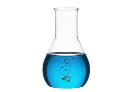 Erlenmeyer flask with blue liquid and bubbles isolated on transparent background, laboratory glassware for scientific experiments