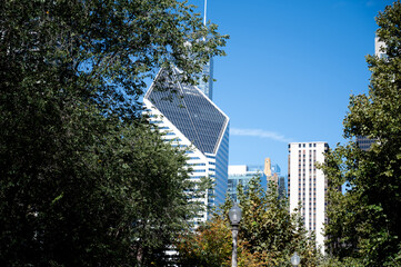View of center Chicago and skyscrapers and the river in downtown Chicago,Illinois