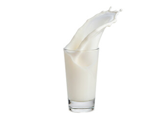 Milk splash in glass isolated on transparent PNG, dairy drink for healthy breakfast and nutrition