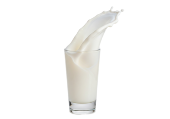 Milk splash in glass isolated on transparent PNG, dairy drink for healthy breakfast and nutrition