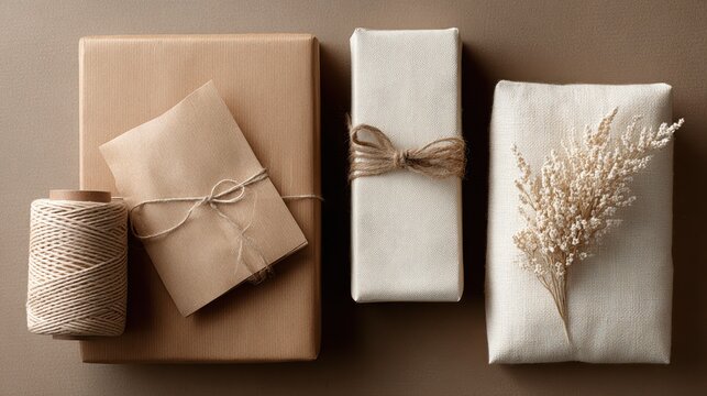 Creative flat lay of holiday care package in natural packaging, ideal for Thanksgiving, Christmas, or special occasions.