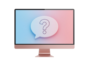 Modern computer monitor with question mark isolated on transparent background, help and support concept in 3D rendering PNG