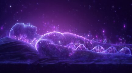 a hologram of a healthy human body lying down in , with dna strands and glowing ai elements surrounding it. the background is a dark purple starry