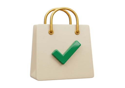 Beige shopping bag with green check mark isolated PNG, online order confirmation for e-commerce and retail success