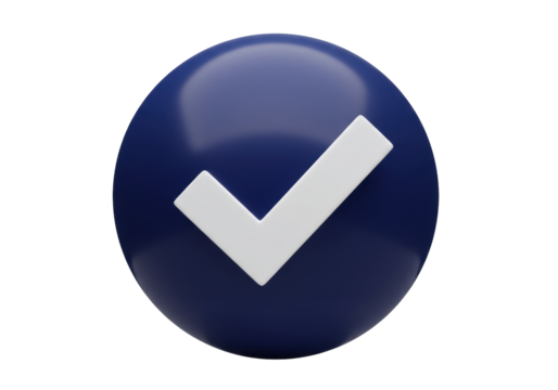 Blue round check mark PNG isolated on transparent background, approval icon for web design and user interface