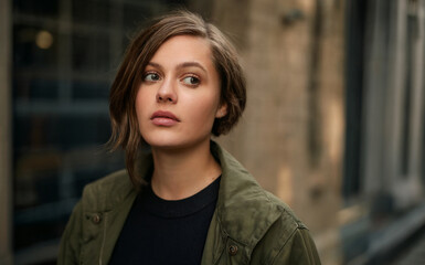 Outdoor Portrait of a Pensive Young Woman with Short Hair Looking Away on a Blurry Urban Street