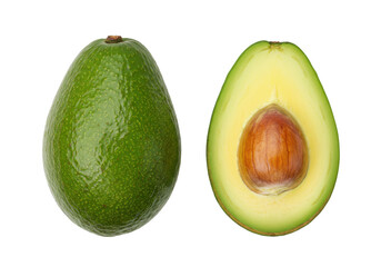 Fresh green avocado and half isolated on transparent background, healthy fruit rich in vitamins for vegan diet and cooking