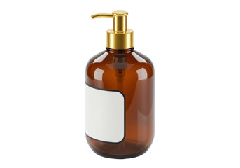 Amber glass bottle with golden pump isolated, liquid soap dispenser for bathroom or kitchen on transparent background