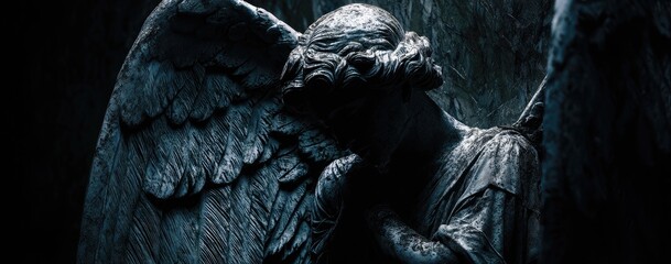 Dark, dramatic image of a stone angel statue with folded hands and large feathered wings