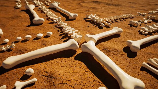 Aerial perspective over an abstract landscape where stylized bone-like forms are artfully arranged on a textured, barren ground, creating an intriguing, ancient pattern technology, ground, barren