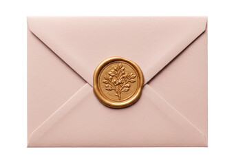 Elegant pink envelope with golden wax seal isolated, vintage stationery for invitations and special occasions