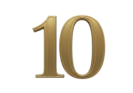 Golden number 10 isolated on transparent background, three-dimensional rendering of the number ten in gold for graphic design and decoration