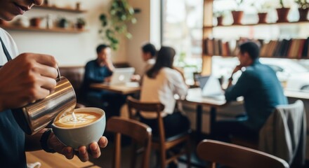 Barista carefully pours latte art foam into a ceramic cup for customer service advertising.