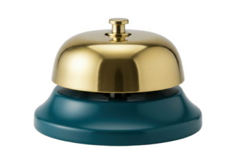 Brass reception bell isolated on transparent background, vintage service call bell for hotel or restaurant use