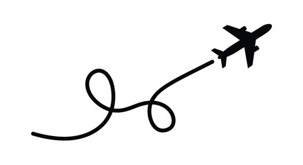 Black airplane with curved flight path travel journey