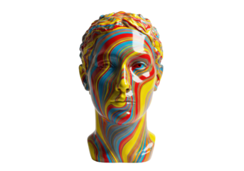 Isolated Human Head Sculpture with Bright Primary Color Abstract Fluid Art Surface