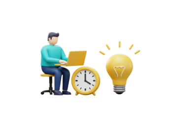 Isolated worker on laptop with bulb idea beside vintage clock, concept time to idea