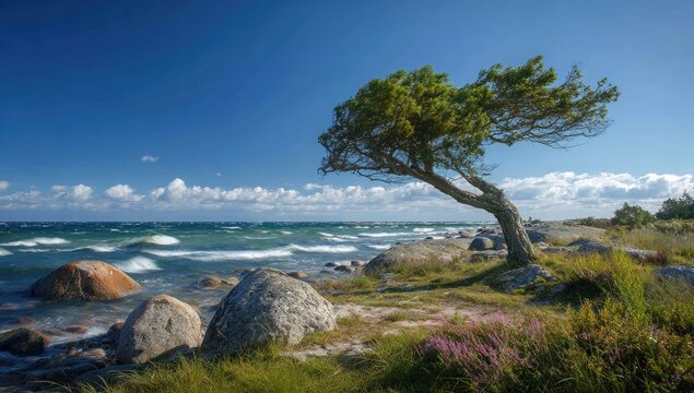 Coastal scenic windswept tree and shoreline with rocks, flowers, and blue sky