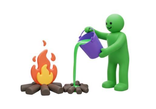 Isolated figure putting out campfire with water bucket, saving the environment, green and orange