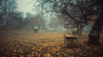 abandoned autumn garden at dawn, soft fog covering the ground, yellow leaves swirling in the wind, empty wooden bench under bare trees, nostalgic