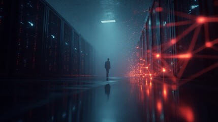 The vigilance behind digital fortresses: a cybersecurity expert's role. Technological mesh. A security specialist examines critical server alerts for breach risks. Ai dataflow. Data connectivity.