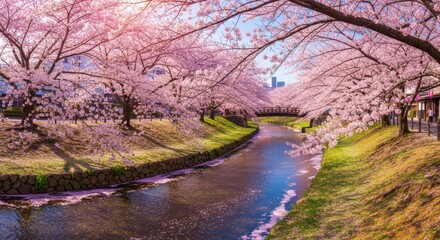 Fototapeta premium Beautiful Japanese Cherry Blossoms Blooming Along a River in Springtime Japan