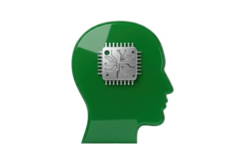 Artificial intelligence PNG illustration isolated on transparent background green head with chip inside brain