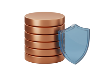 Database server stack with security shield isolated on transparent background PNG illustration Data protection and privacy concept