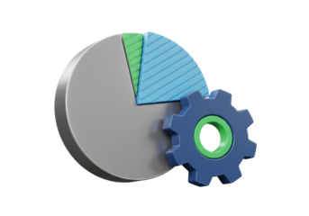 Pie chart with gear PNG isolated on transparent background for business analysis and settings concept