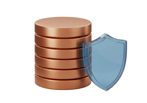 Database server stack with security shield isolated on transparent background PNG illustration Data protection and privacy concept