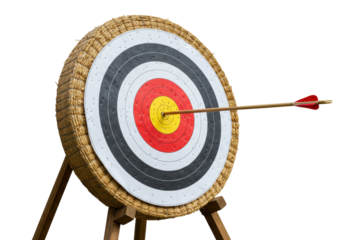 Archery target with arrow in bullseye PNG isolated, straw target with concentric circles for sports and accuracy training