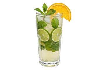 Refreshing mojito cocktail with lime and mint isolated, a summer drink with orange slice garnish on a transparent background