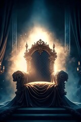Majestic Royal Throne in Illuminated Dark Hall with Dramatic Backlighting and Ornate Details