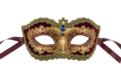 Elegant burgundy and gold masquerade mask isolated, venetian carnival mask with blue gems for costume party and festive events - Powered by Adobe