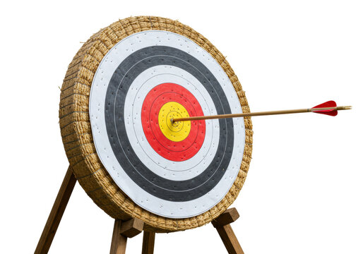 Archery target with arrow in bullseye PNG isolated, straw target with concentric circles for sports and accuracy training