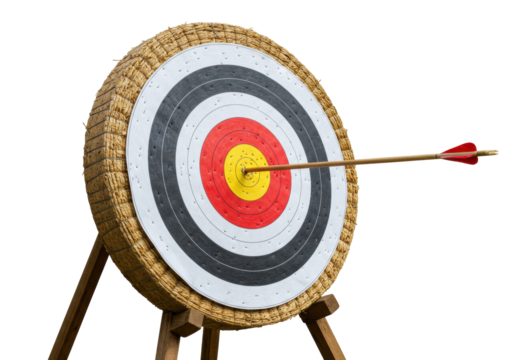 Archery target with arrow in bullseye PNG isolated, straw target with concentric circles for sports and accuracy training