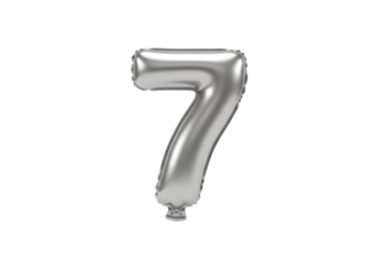 Silver number 7 balloon isolated PNG, metallic foil digit for birthday party decorations and festive celebrations
