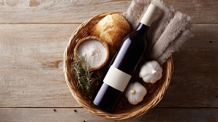 Festive gift basket with wine bottle and cooking ingredients, ideal for gourmands and home chefs.