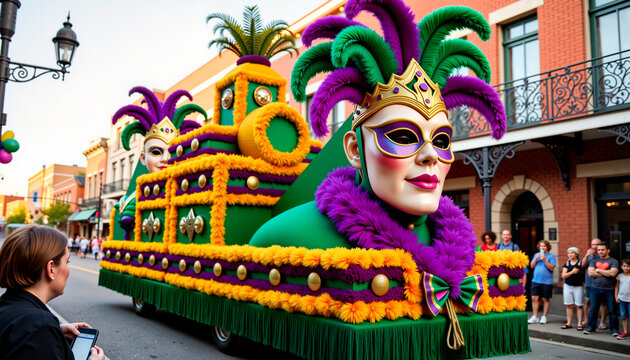 Colorful Mardi Gras float adorned with masks and feathers in festive parade  