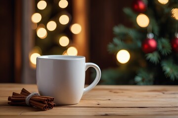 Aromatic cinnamon sticks and a steaming mug on a wooden table with christmas lights in the background