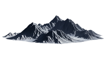 Jagged snow covered mountain range with sharp peaks and deep shadows, isolated on a white or transparent background, cutout, PNG