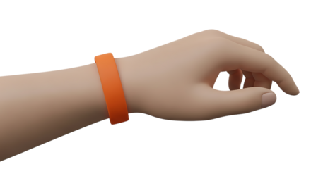 Human hand wearing a simple orange wristband accessory fashion, isolated on a white or transparent background, cutout, PNG