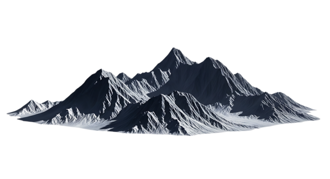 Jagged snow covered mountain range with sharp peaks and deep shadows, isolated on a white or transparent background, cutout, PNG