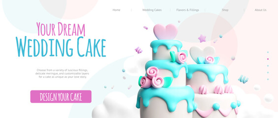 Your dream Wedding cakes 3D cartoon vector advertising landing page, creamy dessert decorated heart and rose candies