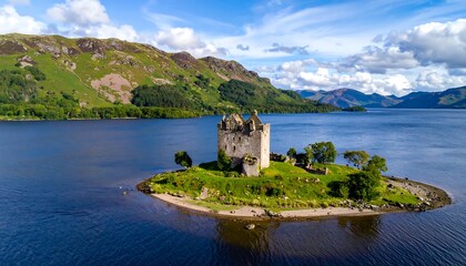 Aerial view of a stone castle ruin on a small island in a loch with mountains in the background and a cloudy sky