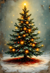 Snowy Christmas tree shining with lights, warm glow and soft colors create a cozy festive mood. Perfect for holiday prints and decor.