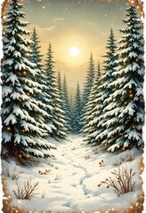Illuminated white pine tree covered in snow, glowing softly in warm tones. Minimal neutral backdrop, serene winter holiday artwork.