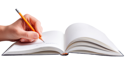 Student Reading Open Book with Pencil and Notepad on Transparent Background