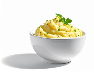 Festive holiday backdrop with delicious mashed potatoes in a bright white bowl garnished with fresh herbs